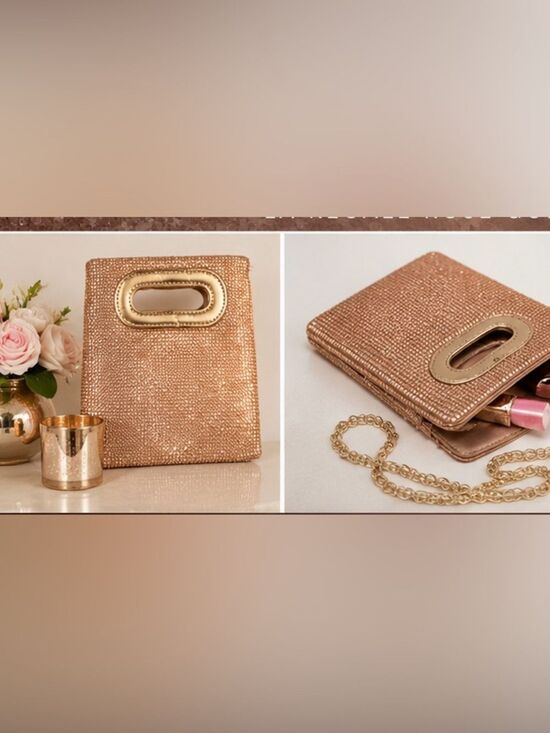 La Regale Handbags - La Regale Rose Gold Rhinestone Evening Bag Cutout Handle Clutch Purse 7” x 8”